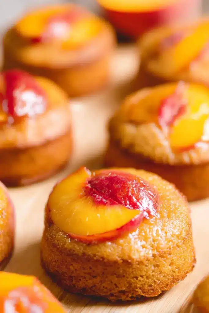 Peach Upside Down Mini Cakes – Fresh & Delicious 13 Close-up of Peach Upside Down Mini Cake with caramelized peach topping