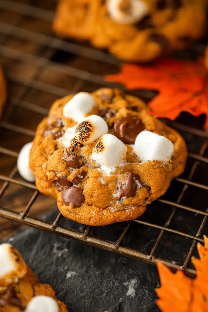 Pumpkin S’mores Cookie with gooey marshmallow and chocolate chips