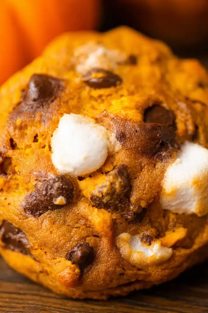 Pumpkin S’mores Cookie with melty chocolate and marshmallow swirl