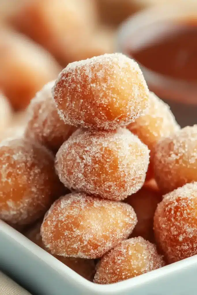 Crispy Air Fryer Churro Bites | Easy Sweet Recipe 7 Close-up of crispy air fryer churro bites coated in cinnamon sugar, stacked in a ceramic dish