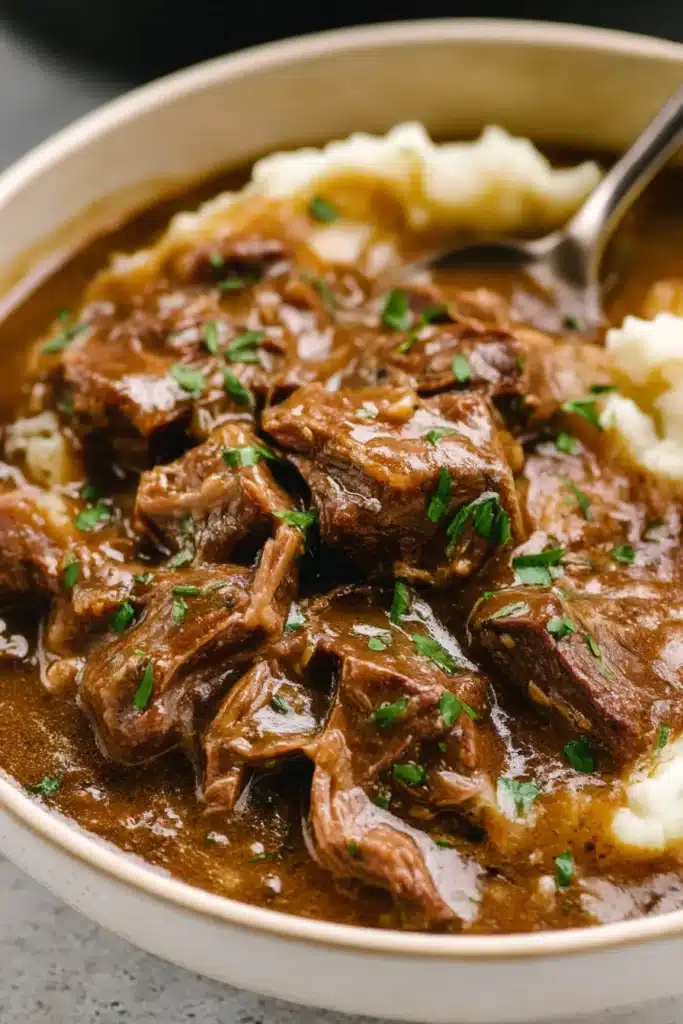 Instant Pot Beef Tips – Tender & Easy Dinner Recipe 12 Close-up of Instant Pot beef tips with gravy over mashed potatoes