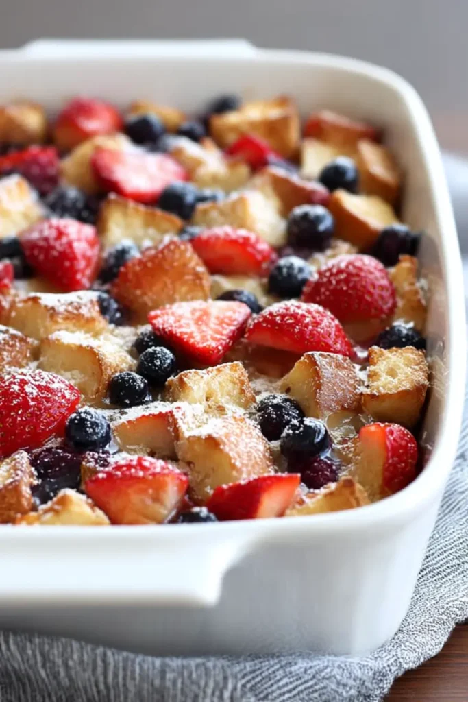 Side view of baked Berry French Toast Casserole in a white dish with strawberries and blueberries, topped with powdered sugar
