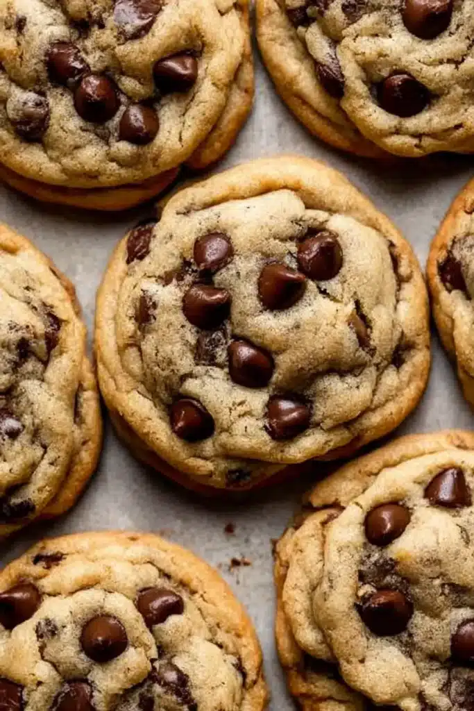 Chewy Chocolate Chip Cookies | Soft, Thick & Delicious 19 Close-up of thick chocolate chip cookies with golden edges and melted chocolate chips on a dark baking tray
