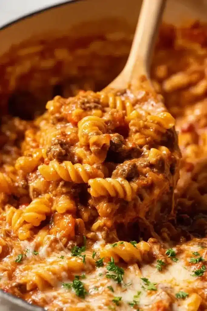 Creamy tomato beef pasta on a spoon with rich sauce and Parmesan