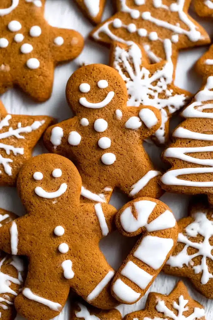 Overlapping Soft Gingerbread Cookies decorated with white royal icing in festive holiday shapes on a white wooden table.