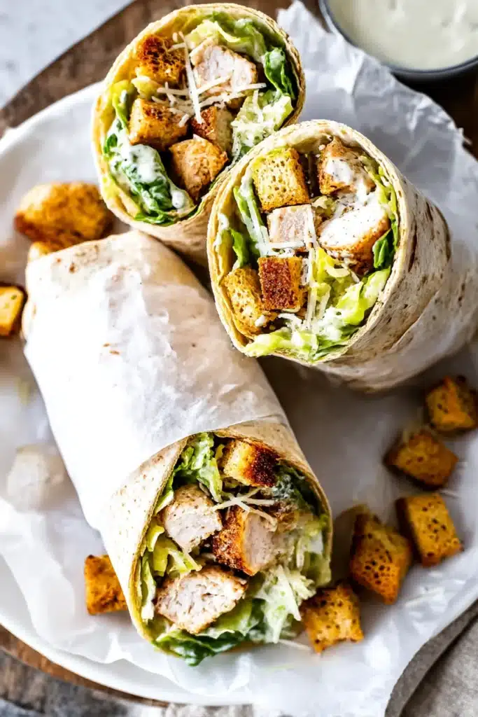 Close-up of chicken Caesar wraps with chicken, lettuce, croutons, Parmesan, and dressing on parchment paper.