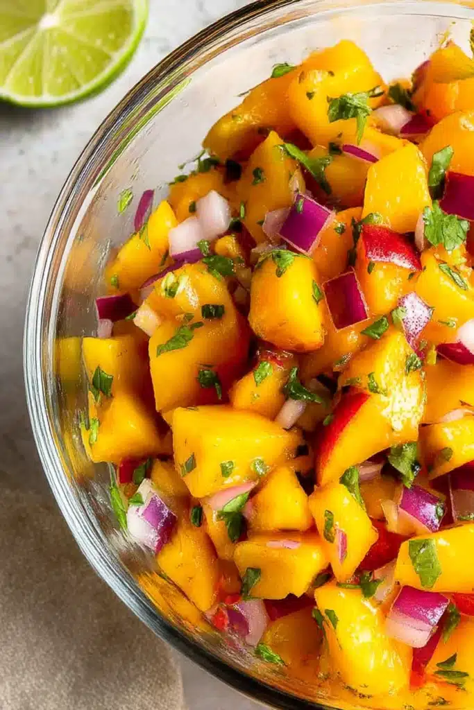 Fresh Peach Salsa close-up in glass bowl with lime and cilantro