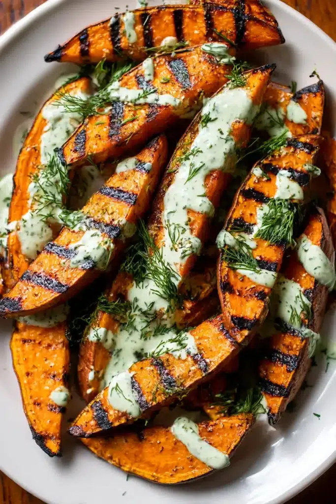Grilled Sweet Potatoes topped with herb yogurt sauce and fresh dill on a white plate

