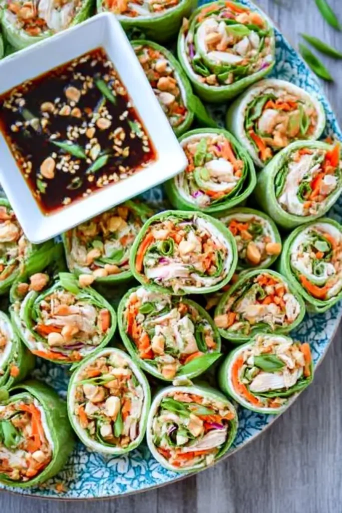 Thai Peanut Chicken Wraps sliced into pinwheels with crunchy vegetables, peanuts, and soy dipping sauce on a ceramic plate.