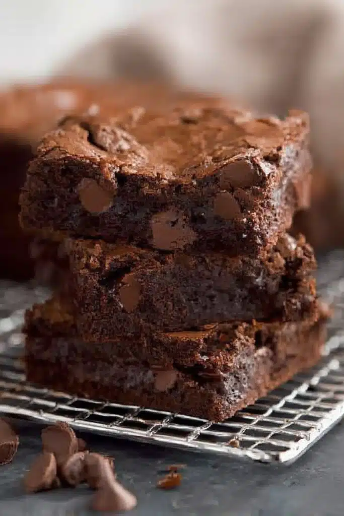 Fudgy Homemade Brownies with Amazing Texture 10 Stacked fudgy homemade brownies on cooling rack with shiny tops