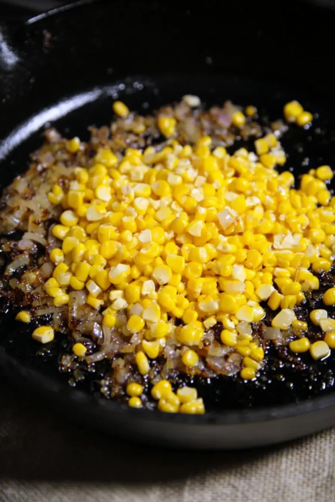 Shrimp and Creamed Corn: Easy, Amazing Dinner 16 Sweet corn added to skillet with onions for shrimp and creamed corn recipe