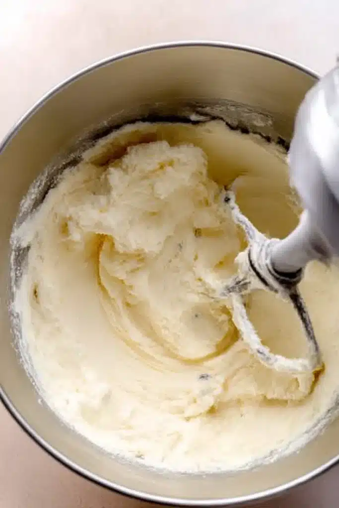 Creamed butter and sugar in a mixing bowl for Peach Upside Down Mini Cakes