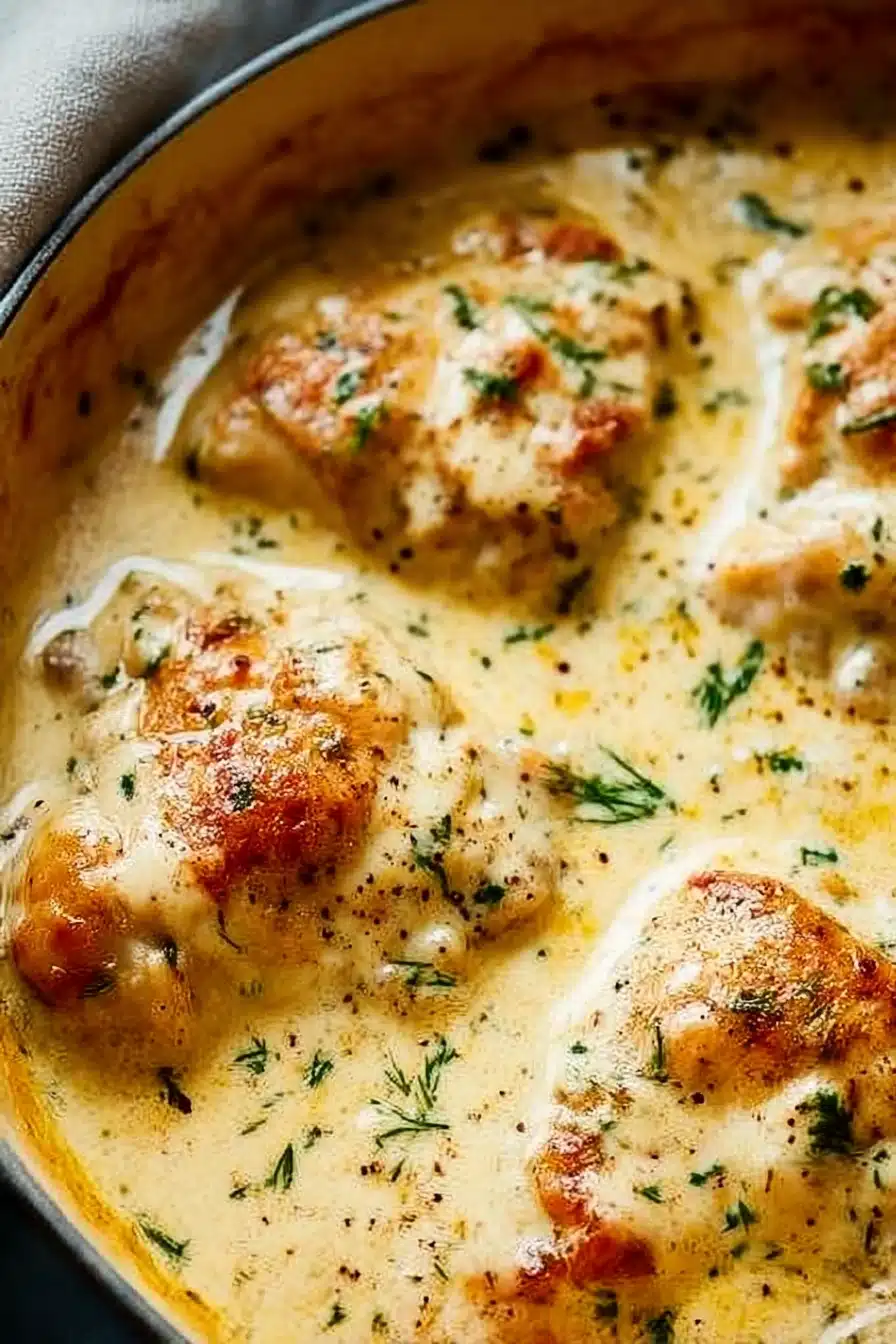 Creamy oven baked chicken thighs in garlic sauce with fresh herbs