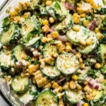 Mexican Cucumber Salad – Fresh, Creamy & Amazing Flavor 5 Freshly mixed Mexican cucumber salad with sweet corn, red onion, cilantro, and creamy chili dressing in a glass bowl