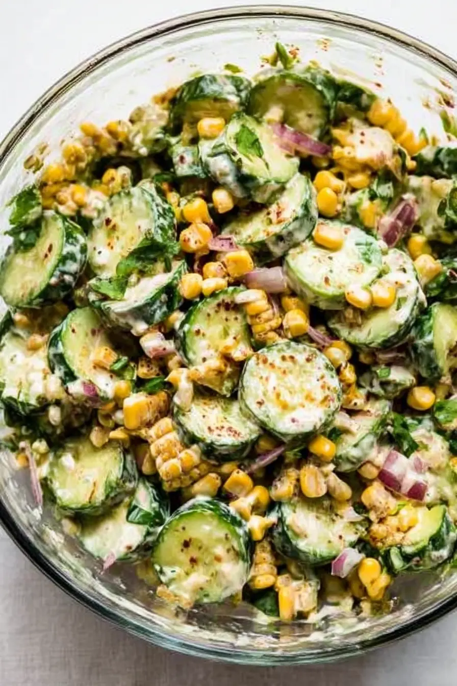 Freshly mixed Mexican cucumber salad with sweet corn, red onion, cilantro, and creamy chili dressing in a glass bowl