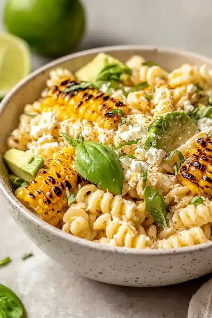 Creamy street corn pasta salad with grilled corn, avocado, and herbs in a bowl
