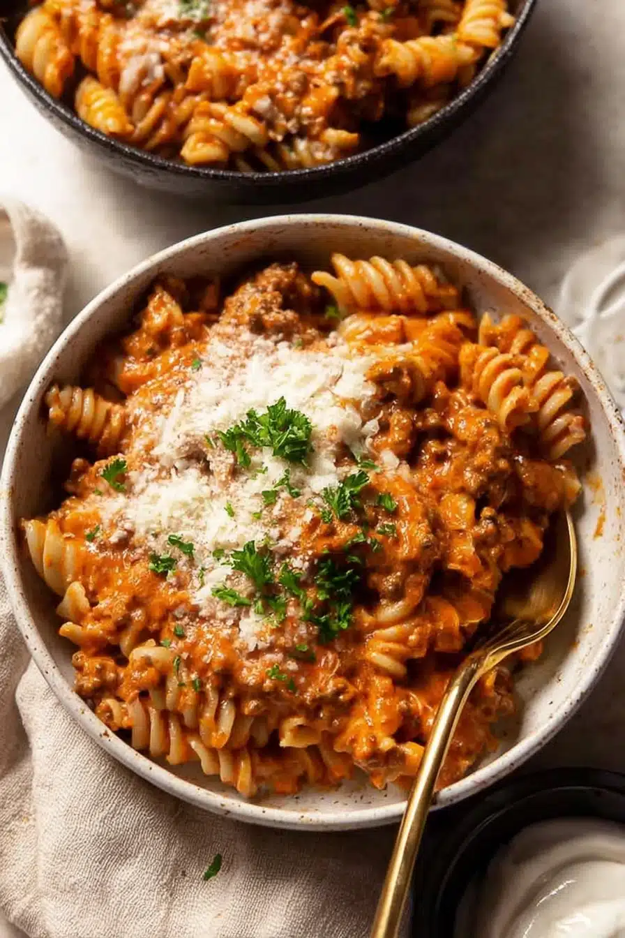 One pot creamy tomato beef pasta with Parmesan and parsley in a ceramic bowl