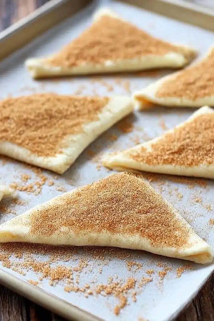Unbaked crescent roll dough triangles sprinkled with brown sugar and cinnamon on parchment paper