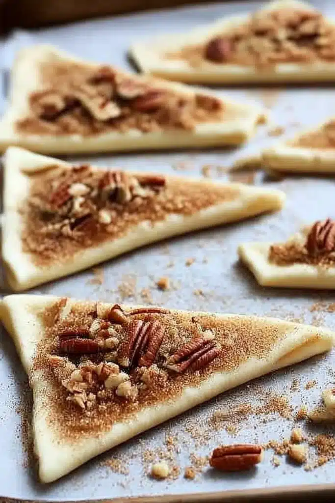 Unbaked crescent dough topped with brown sugar, cinnamon, and chopped pecans on parchment paper