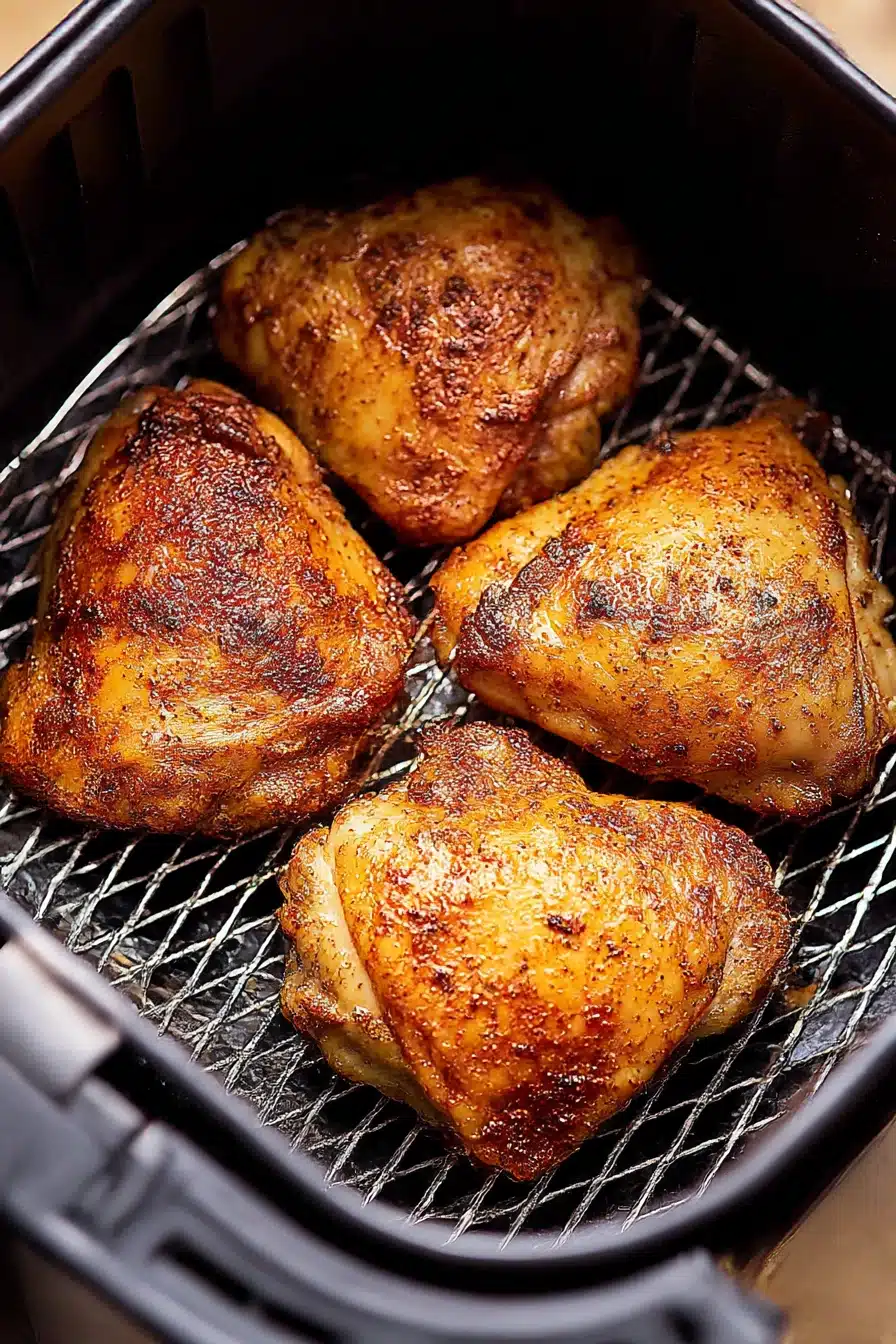 crispy air fryer chicken thighs in basket