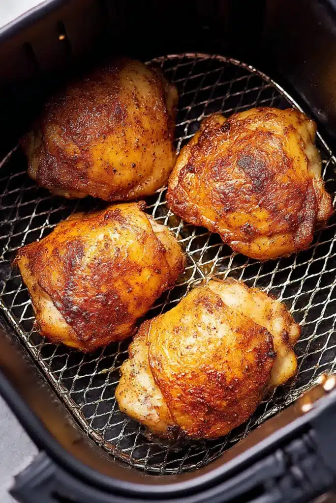 crispy air fryer chicken thighs skin side up in black mesh basket