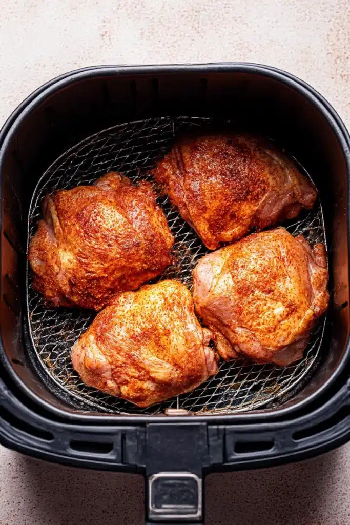 Crispy Air Fryer Chicken Thighs for a Delicious Dinner 8 crispy air fryer chicken thighs arranged in matte black fryer basket