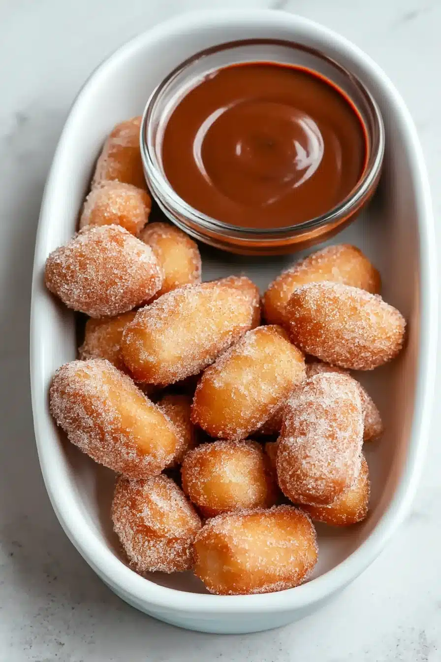 Crispy air fryer churro bites coated in cinnamon sugar with chocolate dipping sauce in a ceramic dish