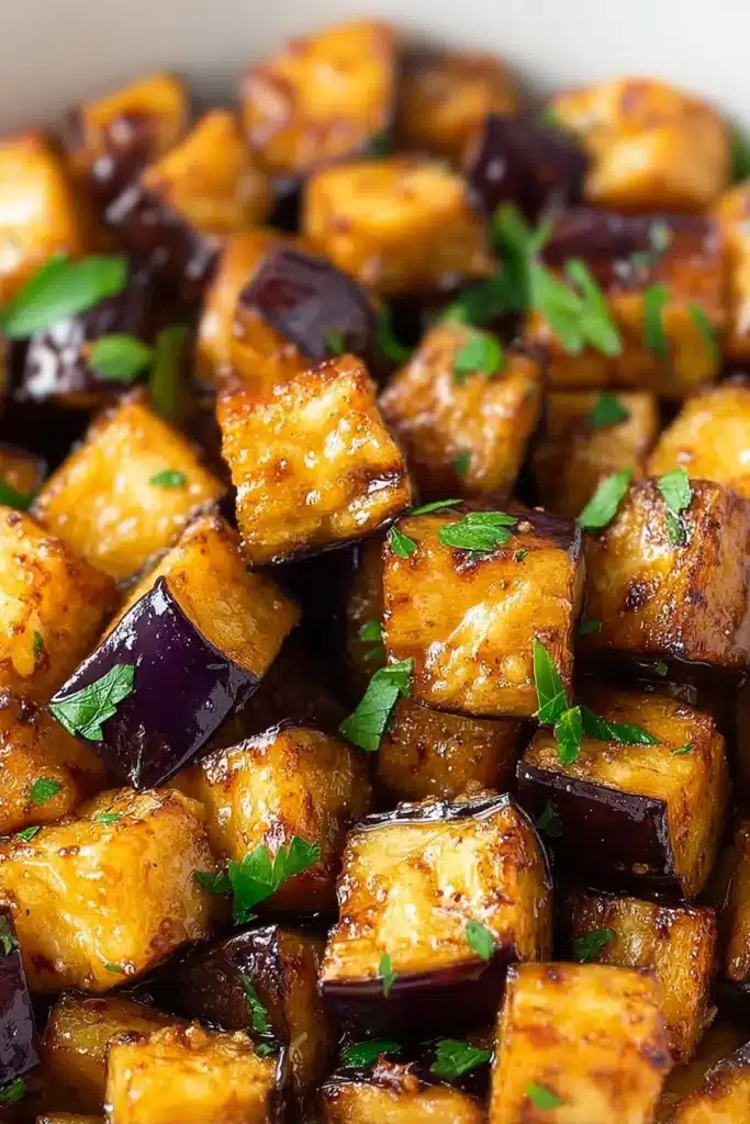 Close-up of crispy low-calorie air fryer eggplant cubes with herbs