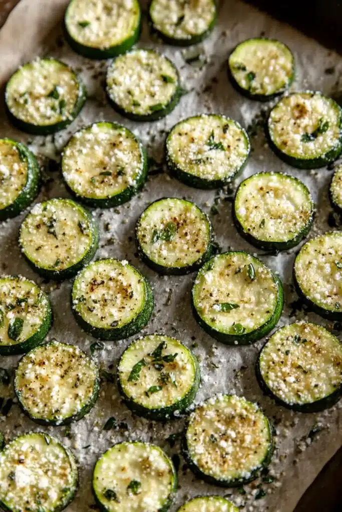 Crispy Baked Parmesan Zucchini | Quick & Delicious 9 Zucchini slices arranged on a baking sheet with parmesan and herbs