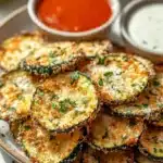 Crispy Baked Parmesan Zucchini | Quick & Delicious 11 Crispy baked parmesan zucchini rounds on a plate with dipping sauces
