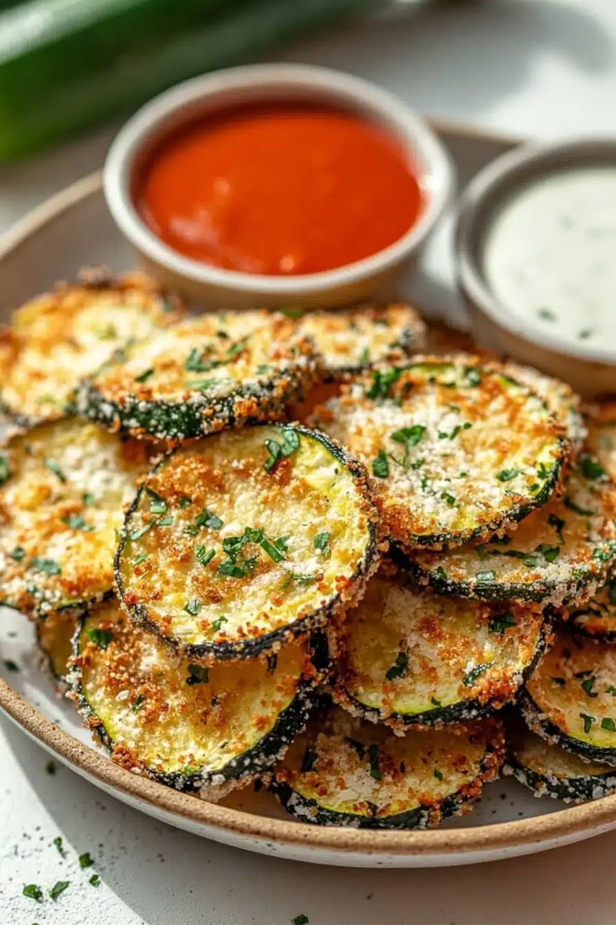 Crispy baked parmesan zucchini rounds on a plate with dipping sauces