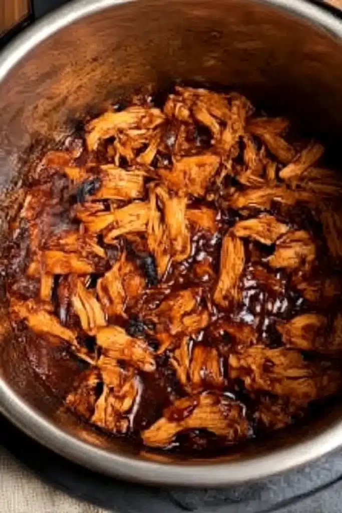 Broiled pulled BBQ chicken in Instant Pot with crispy caramelized edges