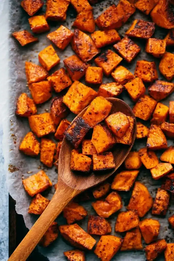 Roasted Sweet Potatoes – Easy, Crispy & Delicious 10 Roasted sweet potatoes with crispy edges in wooden spoon