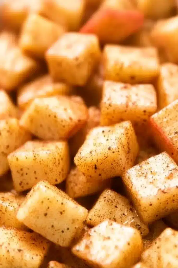Close-up of diced apples coated with cinnamon for crumble filling
