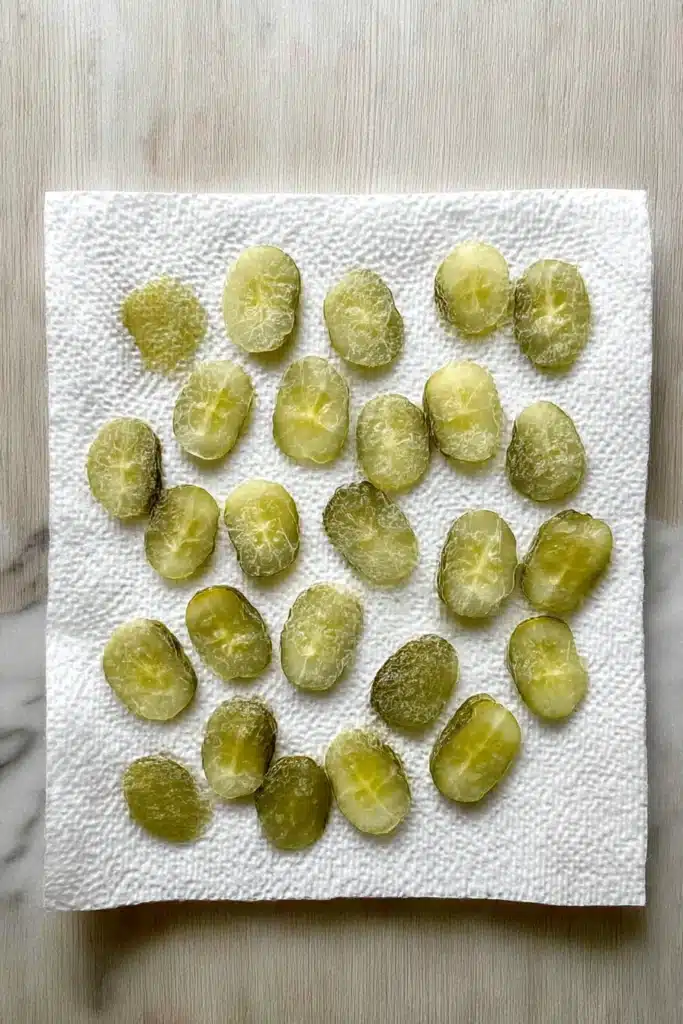 Air fryer fried pickles slices drying on paper towel before cooking