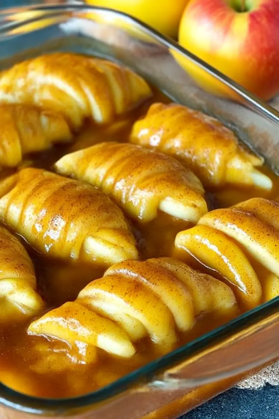 Easy apple dumplings recipe with crescent roll dough and cinnamon sugar syrup, shown unbaked in a glass dish.
