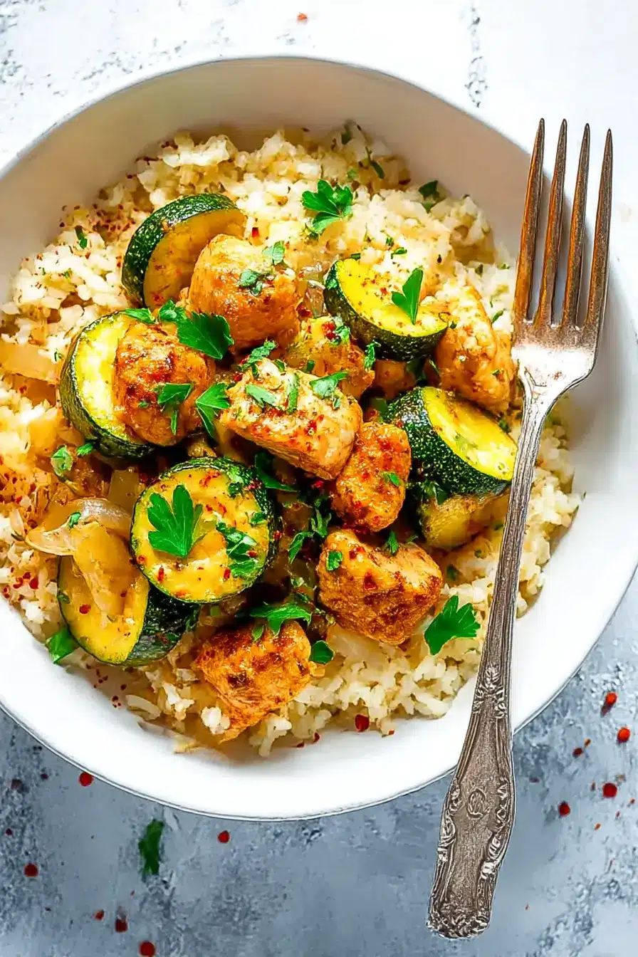 Easy Baked Chicken and Zucchini served over rice with fresh parsley and paprika