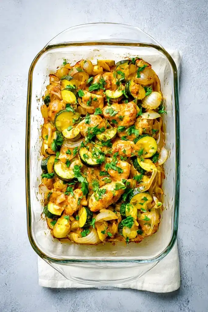 Easy Baked Chicken and Zucchini in a glass baking dish with roasted onions and herbs