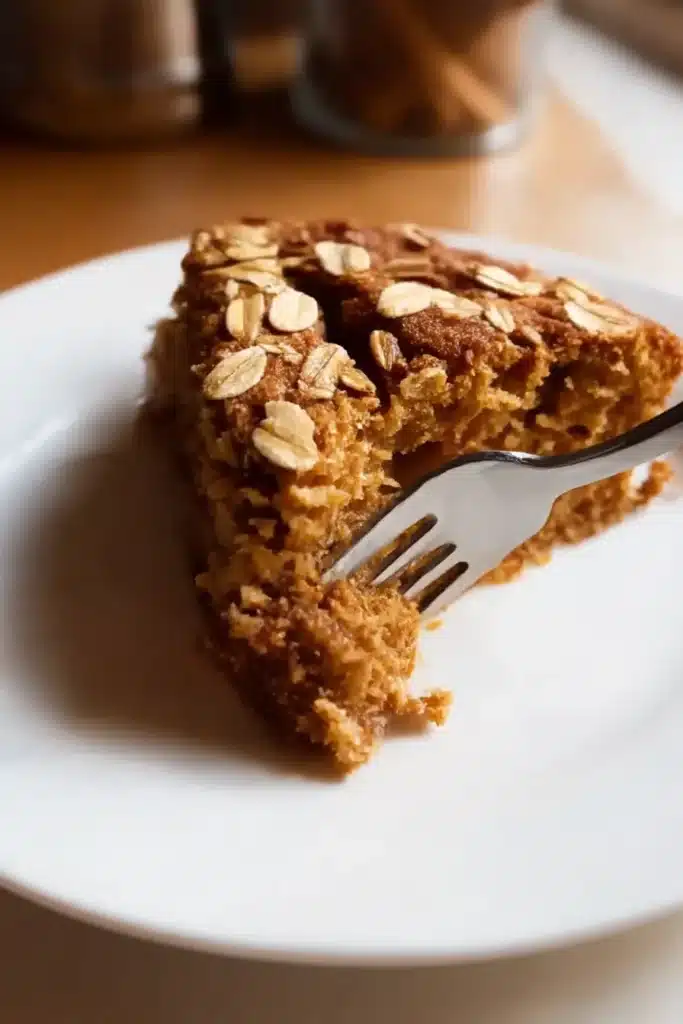 Easy Breakfast Oatmeal Apple Cake – Healthy & Quick Treat 14 easy breakfast oatmeal apple cake slice with fork on white plate