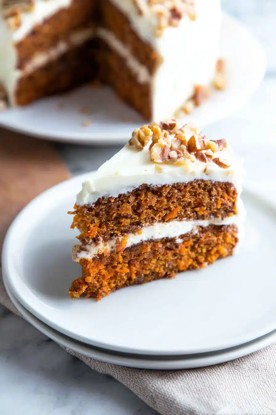 Slice of easy carrot cake with cream cheese frosting on a plate