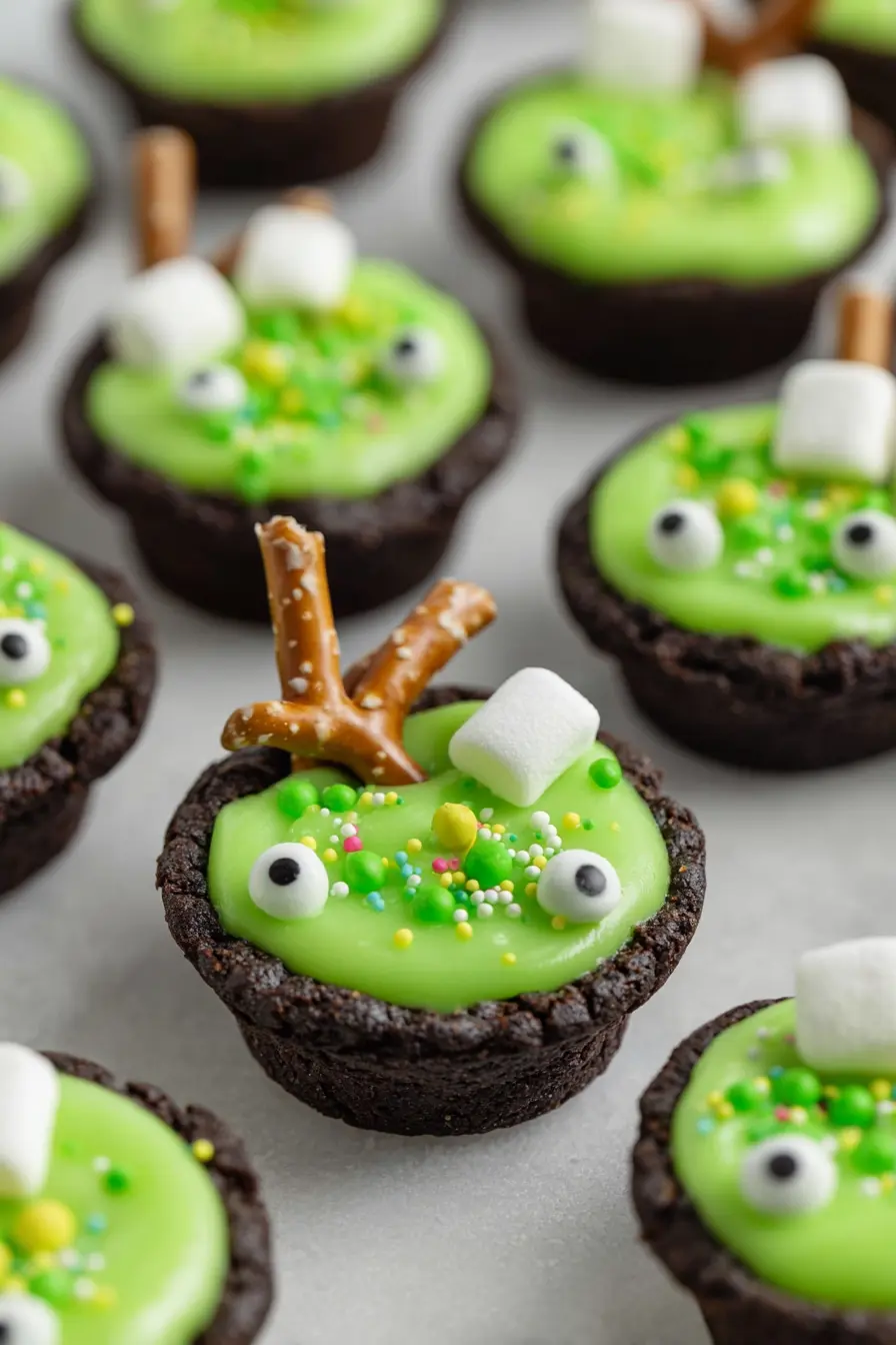 Easy Cauldron Cookies with green frosting, candy eyes, skull sprinkles, and pretzel stir sticks