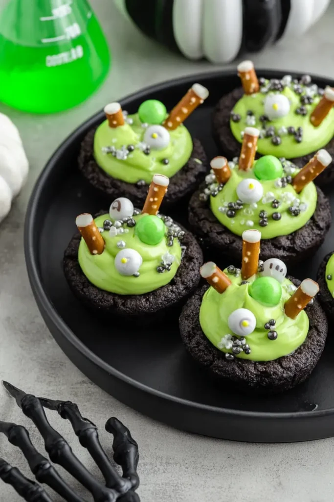 Easy Cauldron Cookies – Fun & Spooky Halloween Treat 7 Easy Cauldron Cookies on black plate with green frosting, candy eyes, and Halloween sprinkles