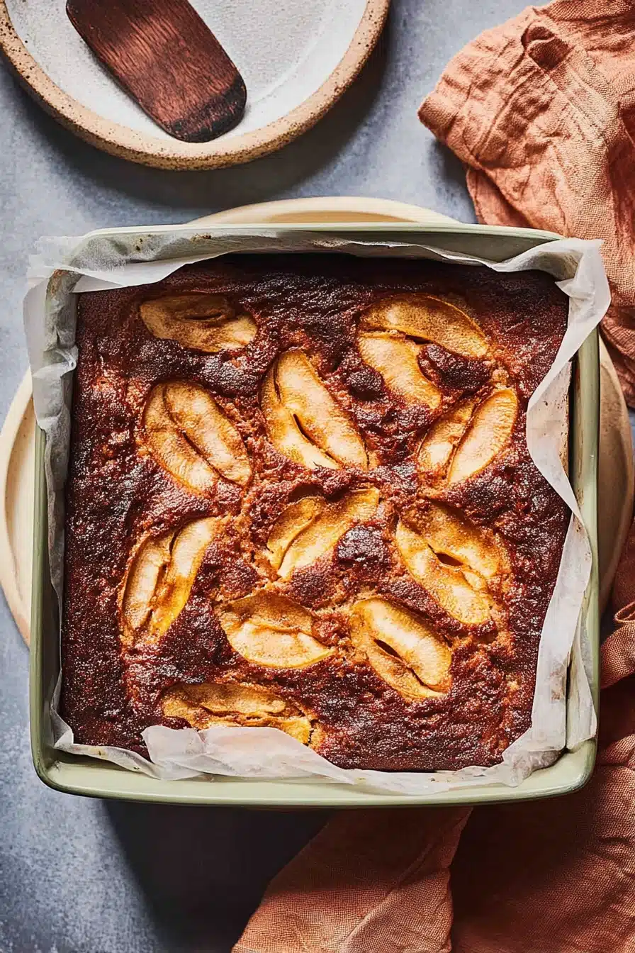 Easy Cinnamon Apple Cake fresh from the oven in a green baking pan
