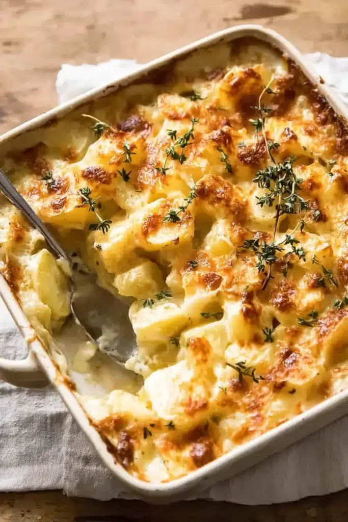 Easy creamy cheesy potato bake in a golden crust with thyme in baking dish