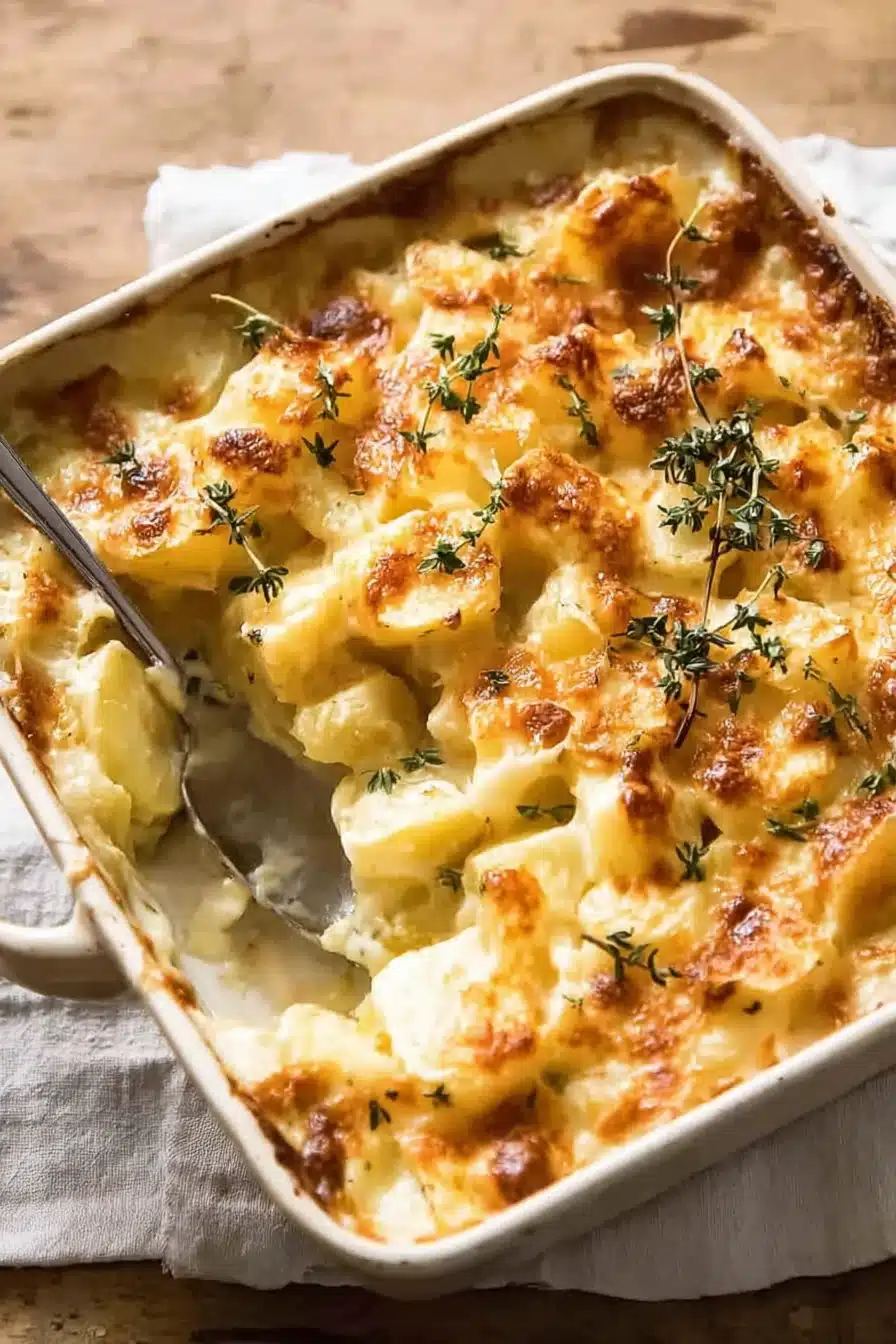 Easy creamy cheesy potato bake in a golden crust with thyme in baking dish
