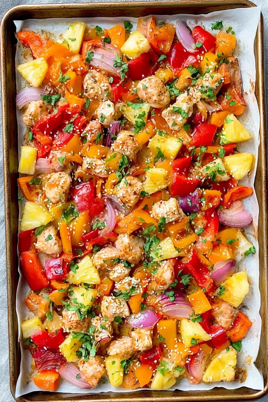 Colorful Hawaiian chicken sheet pan with pineapple, bell peppers, and red onion on parchment paper.
