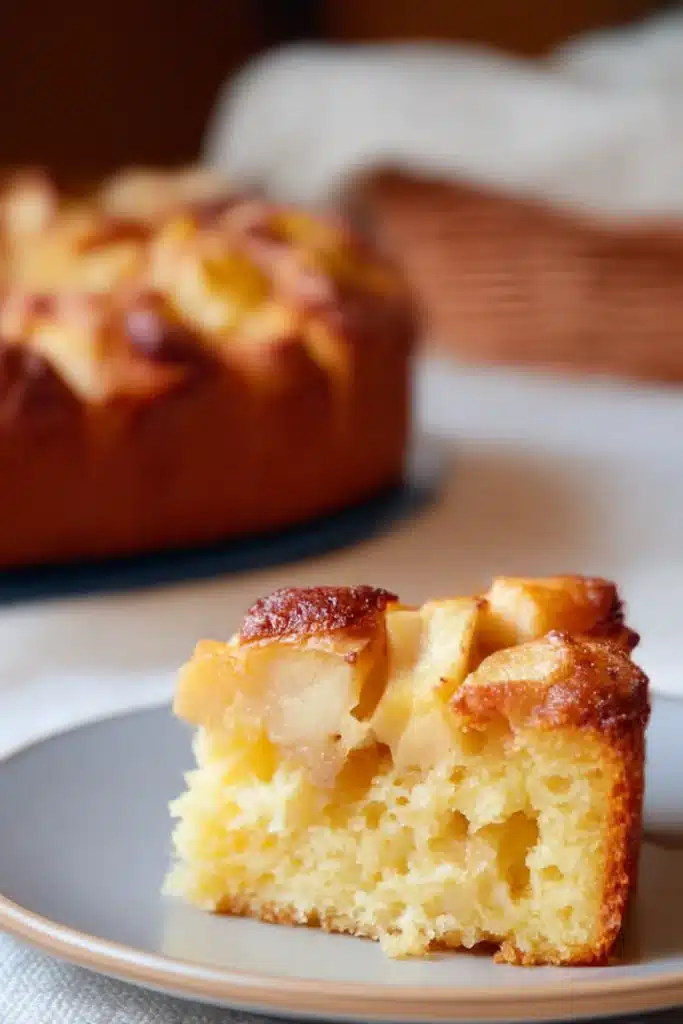 Slice of easy Italian apple cake with caramelized apples on a white plate