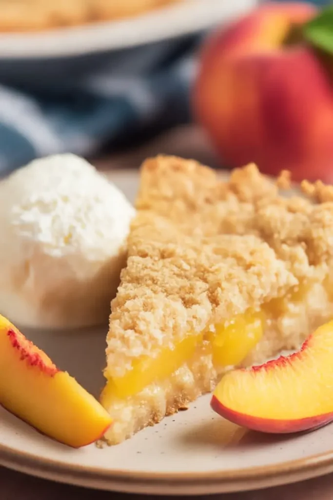 Easy Italian Peach Crumb Cake slice with ice cream and fresh peach wedges