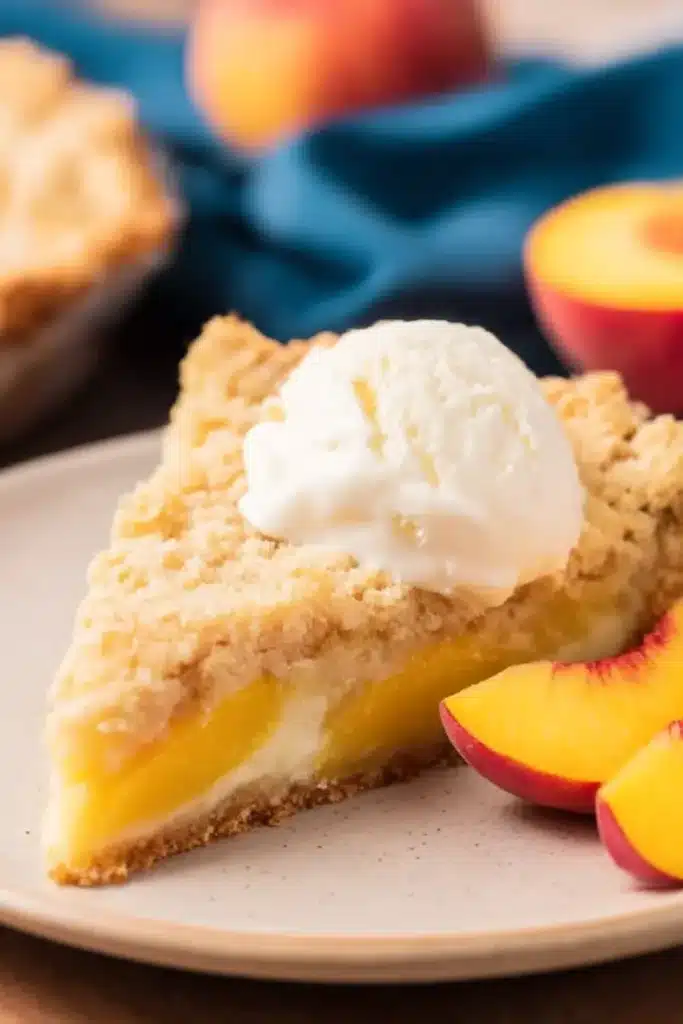 Easy Italian Peach Crumb Cake slice served with ice cream and peach wedges