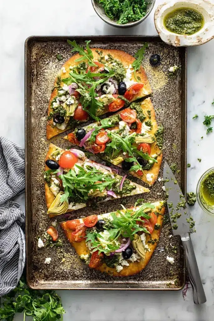 Easy Mediterranean Flatbread Pizza baked with pesto, feta, olives, tomatoes, and arugula